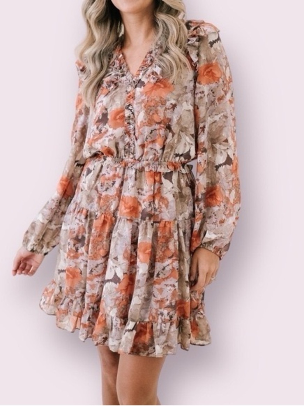 Anthropologie Current Air Orange Cream Tan Gray Floral Ruffle Dress